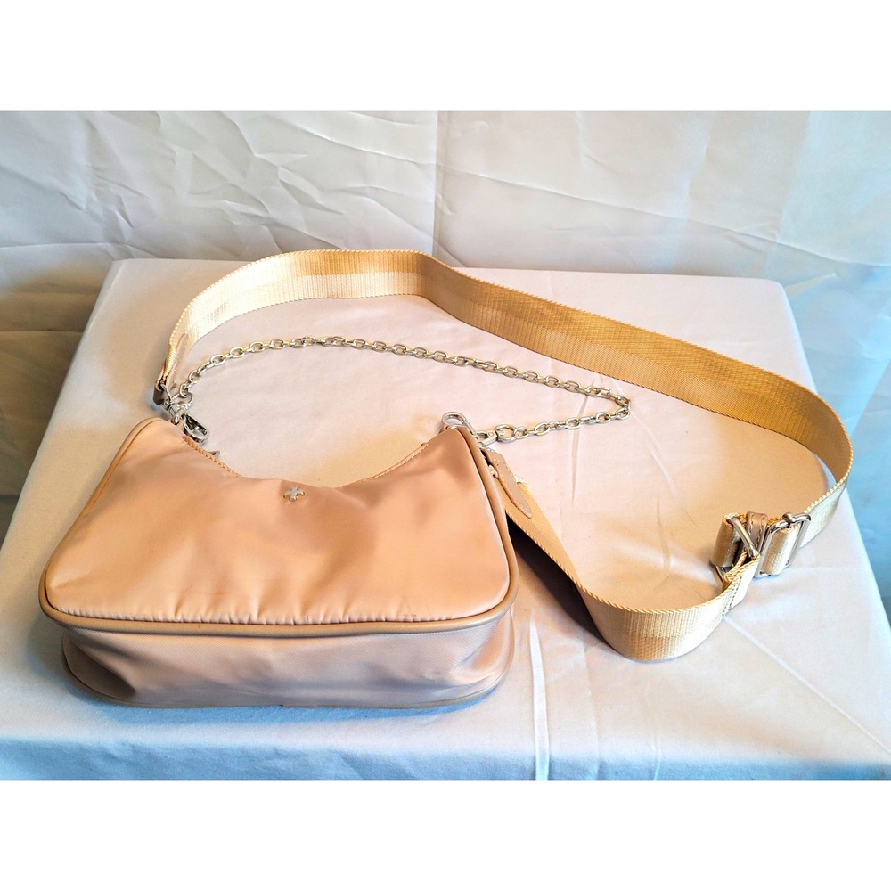 Peta + Jain Beige Crescent Shoulder Bag, Zip Closure, Chain Strap, Silver